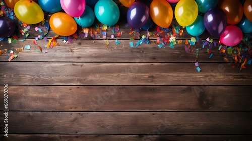 Festive and colorful party decoration with balloons, streamers and confetti on wooden background