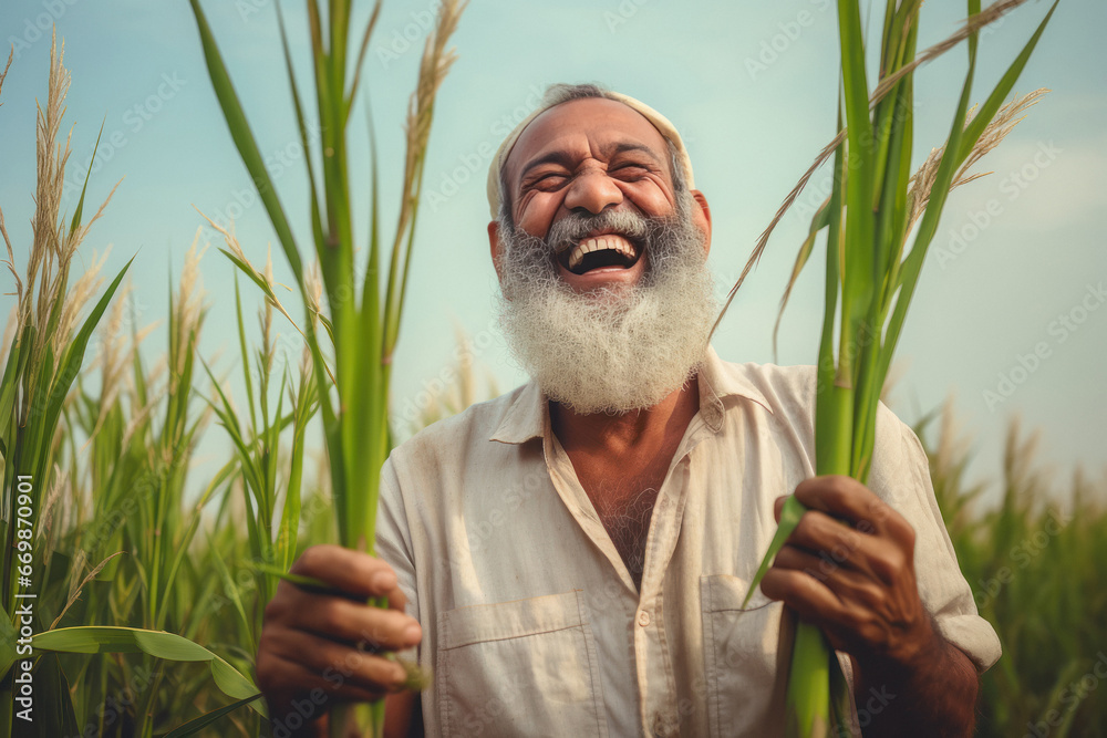 Indian farmer laughing and giving happy expression at agriculture field. - obrazy, fototapety, plakaty 