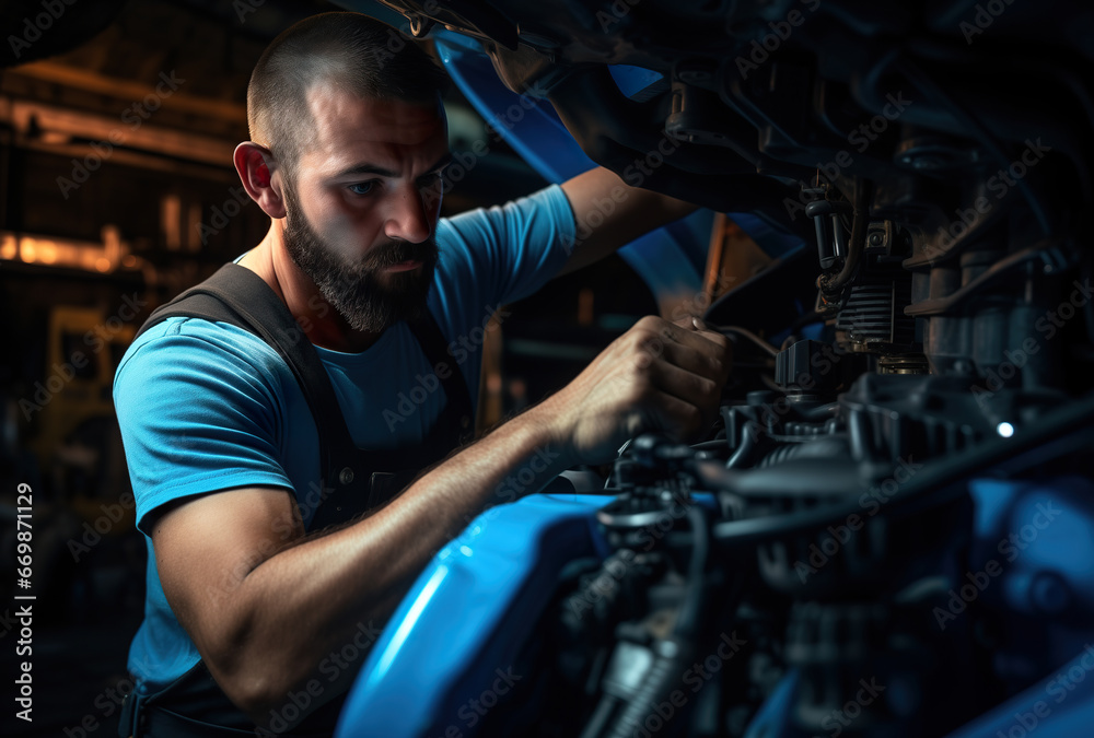 Car service worker at work, photorealistic illustration generated with Ai Car service worker at work, photorealistic illustration generated with Ai
