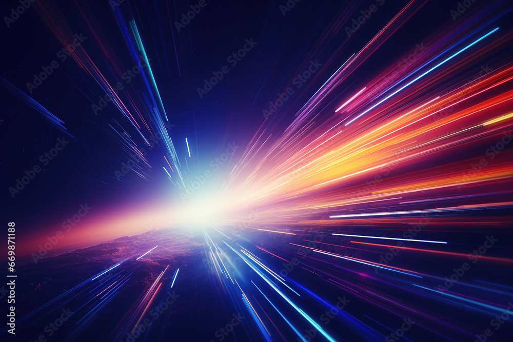 Hyperspace jump, blue and purple lights blurred in zoom effect, abstract digital background	

