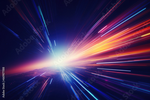 Hyperspace jump, blue and purple lights blurred in zoom effect, abstract digital background 