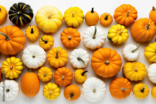 many small pumpkins  different shapes on white background