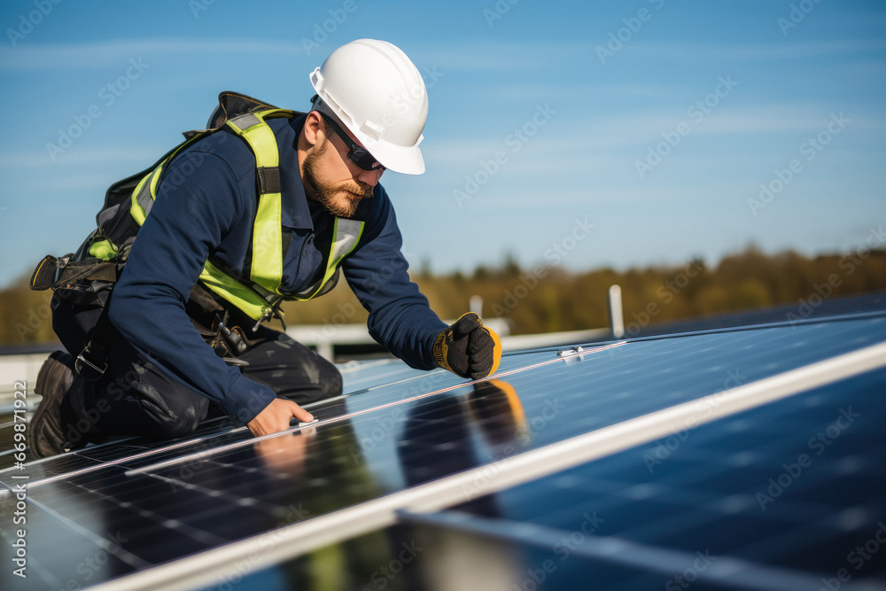 A man who working of solar panel installation on rooftop A man who working of solar panel installation on rooftop