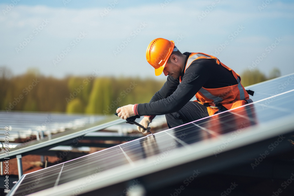 A man who working of solar panel installation on rooftop A man who working of solar panel installation on rooftop