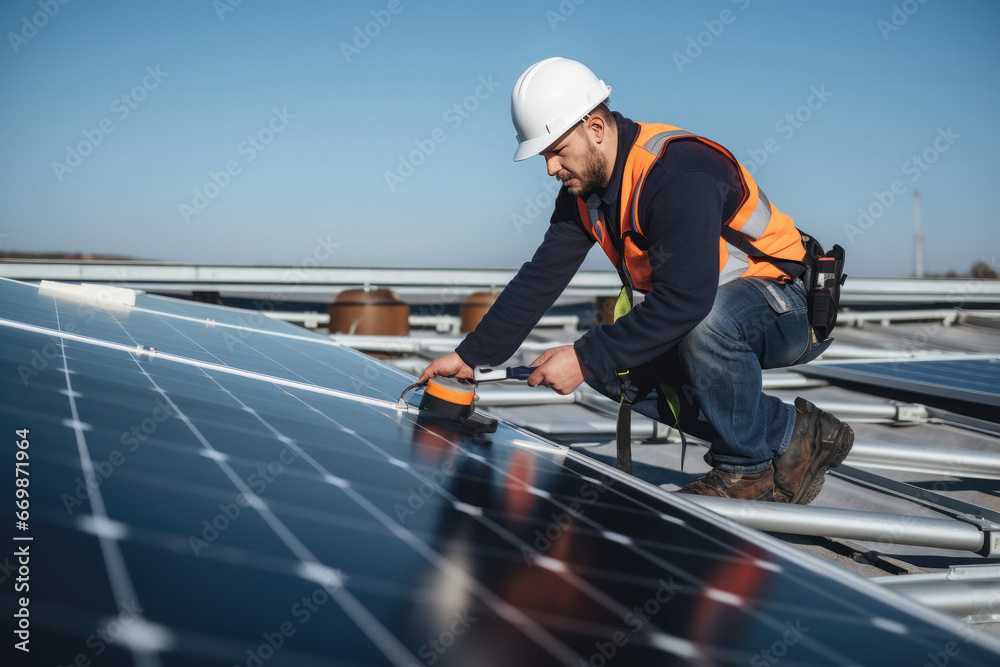 A man who working of solar panel installation on rooftop A man who working of solar panel installation on rooftop