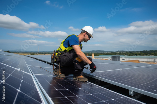 A man who working of solar panel installation on rooftop