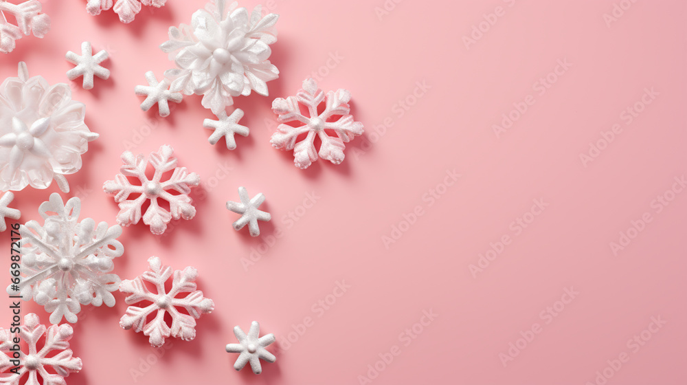 Christmas poster with shiny silver snowflakes on a pink background.