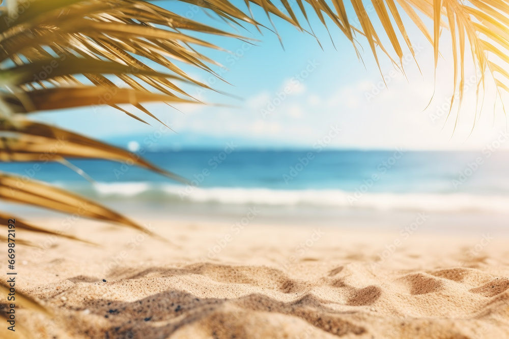 palm tree leaf and sunny tropical beach. Travel background