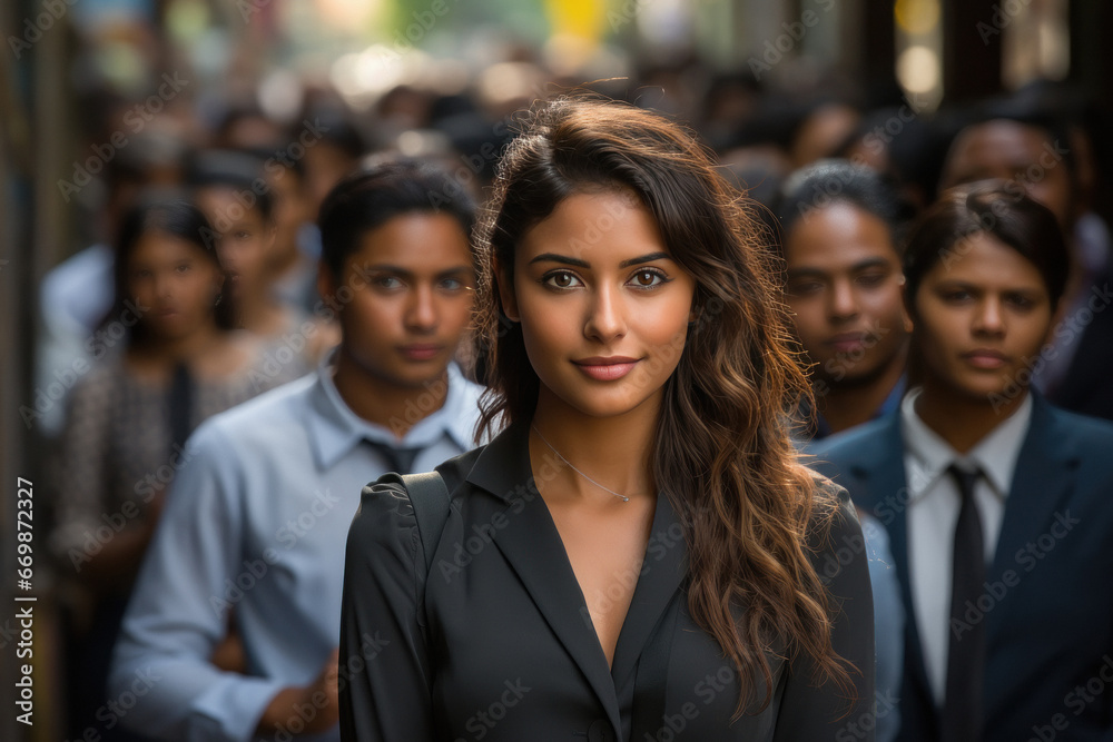 Young and confident woman standing in front of crowd Young and confident woman standing in front of crowd