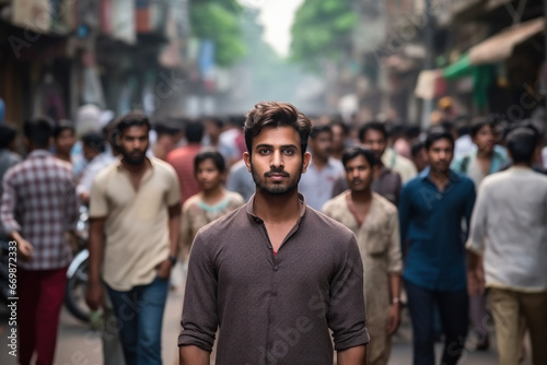 Young Indian man standing in crowd.