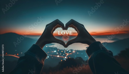 Hands forming a heart shape against a backdrop of the evening sky and fireworks, with the word 'Love', emphasizing the theme of unity and affection as the New Year begins.
