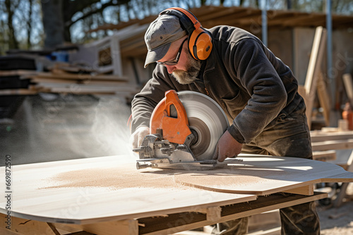 Worker using a circular saw to cut a wooden board at a construction site