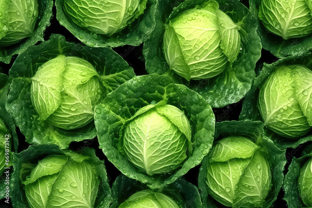 Fototapeta premium seamless background of many beautiful and shiny cabbage, top view.