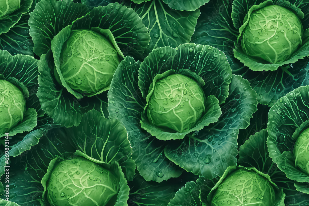 Fototapeta premium seamless background of many beautiful and shiny cabbage, top view.