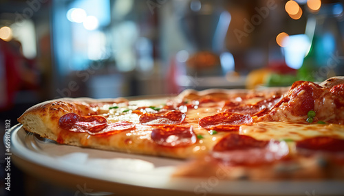 Closeup slice of pizza with melted cheese and sticky pepperoni and blurred restaurant background