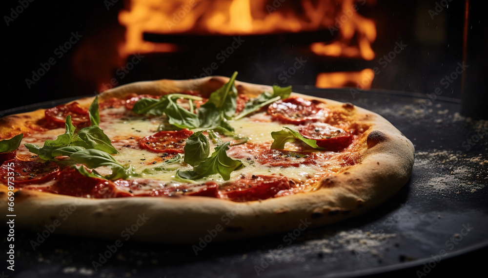Sumptuous pizza in an Italian restaurant, warm and soft glow of the lights, golden and crispy crust