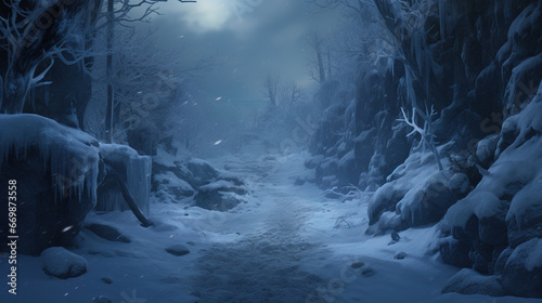 Winter fantasy, snowfall weaves a story of wonder through snowdrifts, a magical winter kingdom