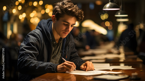 a male student is browsing the selection of books in the library