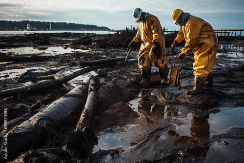 Workers in protective gear cleaning up oil spills, Cleaning Up
