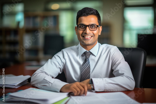 Indian male chartered accountant or bookkeeper sitting at office