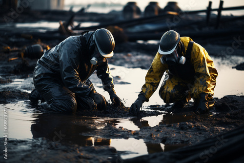 Workers in protective gear cleaning up oil spills, Cleaning Up © msroster