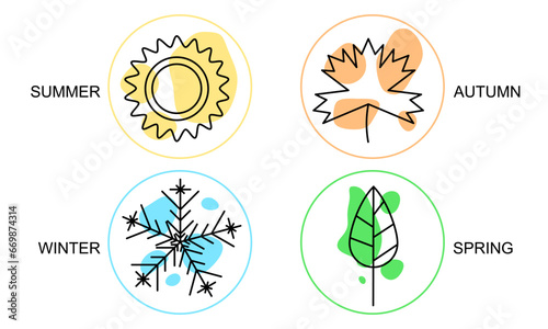 Line art. Four seasons icons, signs, symbols. Winter spring summer fall. Snowflake, leaf, sun, autumn leaf. 
