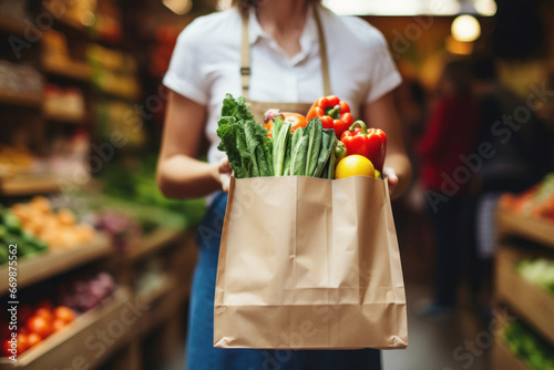 woman holding a full of vegetables paper bag.