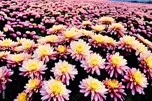Field of chrysanthemums in full bloom. Generative AI.