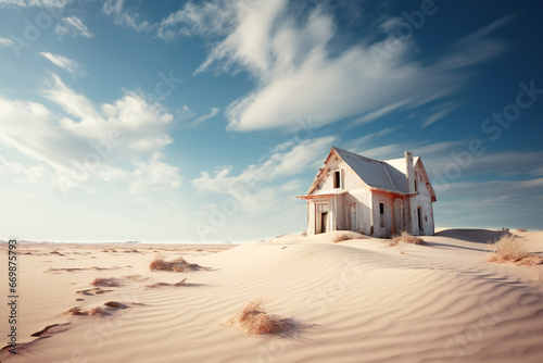 Old abandoned house in a white desert