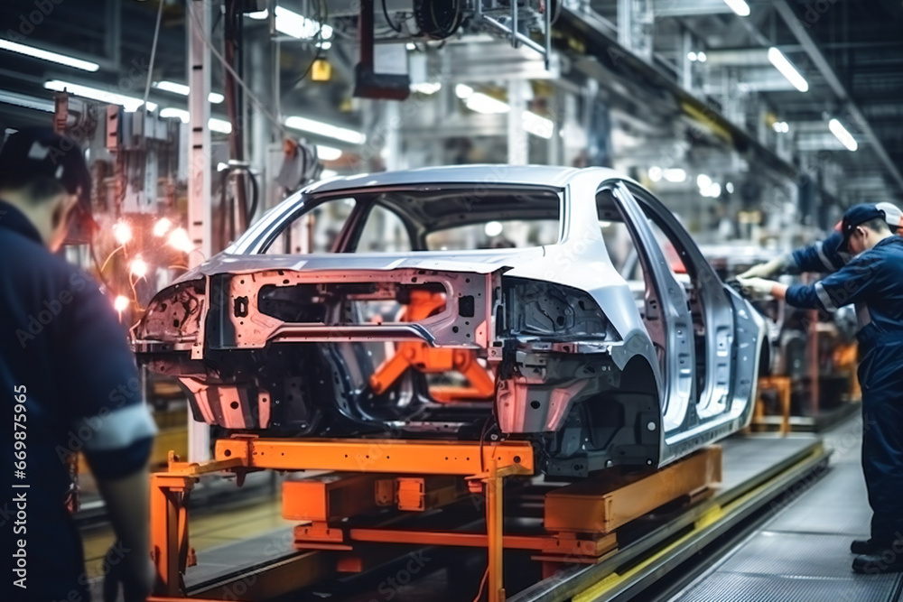 Fototapeta premium Workers working on a car assembly line