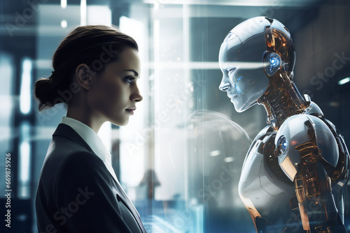A young business woman meeting virtual human. Artificial intelligence interacting concept.