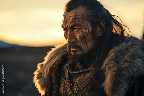 An old Mongol warrior in the mongolian steppe photo