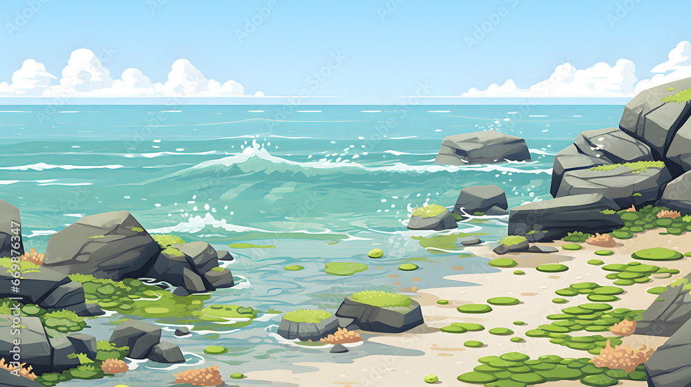 Rocky beach with tide pools and seaweed. Illustrated background Rocky beach with tide pools and seaweed. Illustrated background