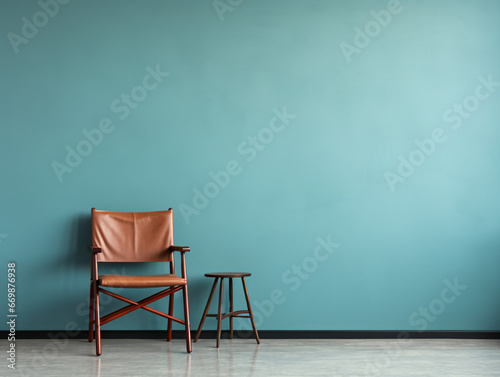Large Empty Sky Blue Wall Directors Chair in Corner