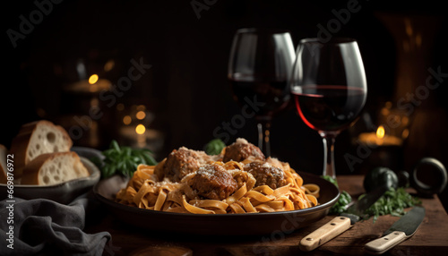 fettuccine with veal meatballs and a glass of red wine