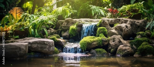 Unique and attractive man made waterfall with stone and plant decorations in an unconventional park setting