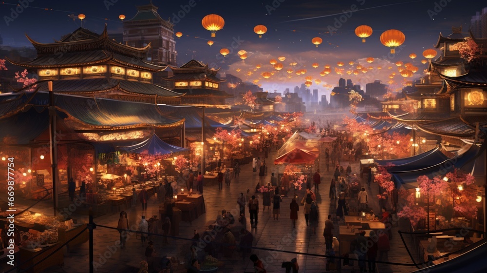 Obraz premium A bustling night market where food vendors serve a diverse array of international cuisine on New Year's Eve.