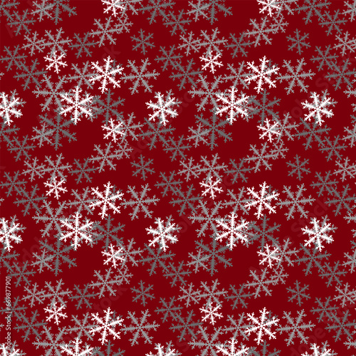 Seamless Christmas pattern with white  gray beautiful complex snowflakes on red background