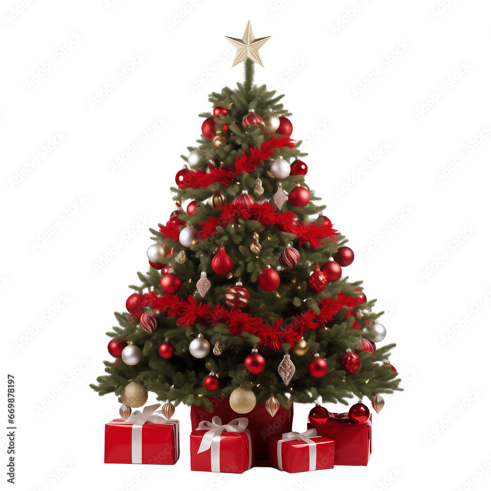 Christmas Tree with Ornaments and Presents, Happy New Year, Seasonal on transparent png . Ai generative.