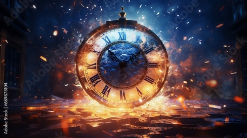 A clock striking midnight in a world, with digital fireworks illuminating the scene.