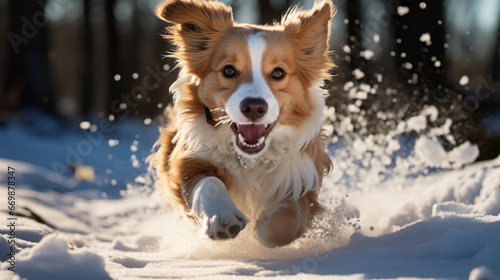 dog running fast with tongue sticking out during winter walk in snowy wood