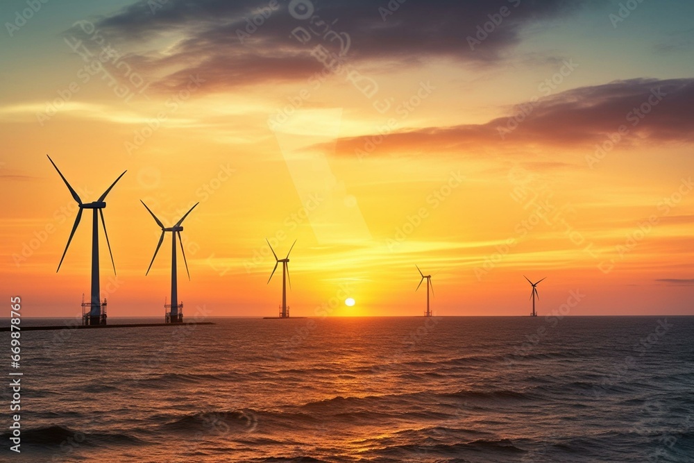 View of three turbines by the sea at sunrise. Generative AI