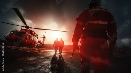 Paramedic running to helicopter on heliport. Rescue team, Helicopter emergency medical service concept. photo