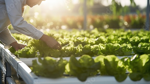 Owner farm checking lettuce in row with hydroponic system in greenhouse
