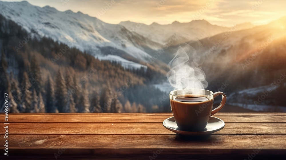 A cup of hot drink with a beautiful landscape outside the window. Cozy winter morning A cup of hot drink with a beautiful landscape outside the window. Cozy winter morning