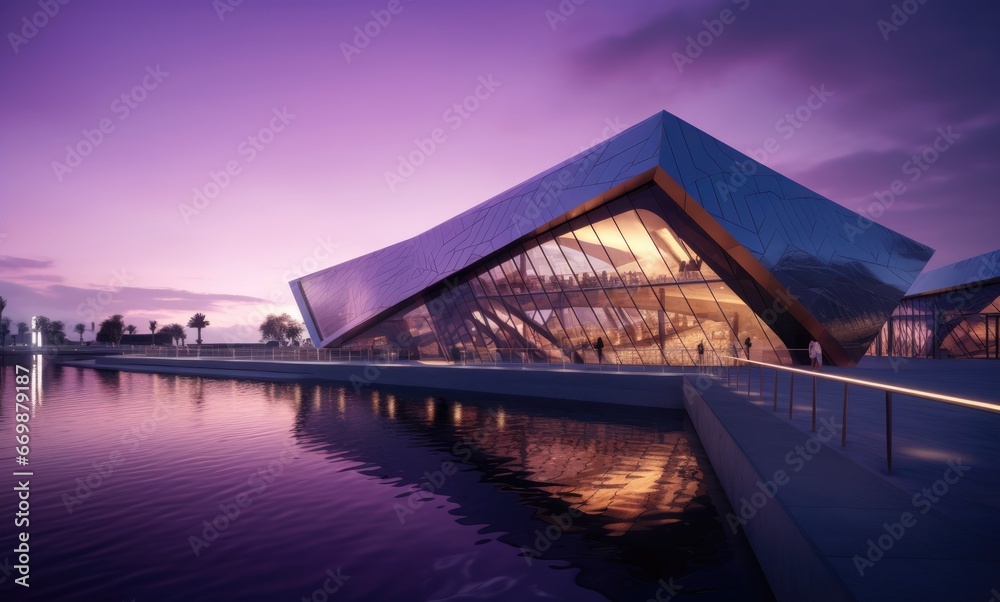 Fototapeta premium Building with reflective facade at sunset