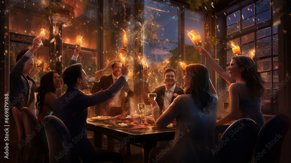 A group of friends raising their glasses in a toast as they welcome the arrival of the New Year.
