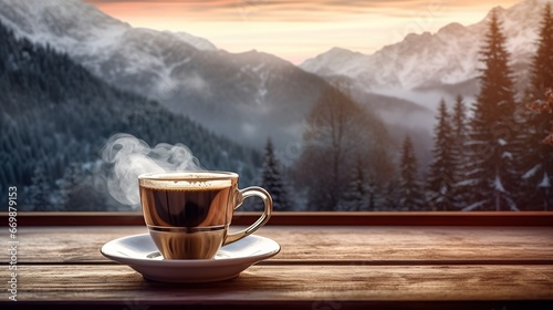 A cup of hot drink with a beautiful landscape outside the window. Cozy winter morning