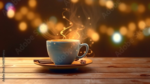 A cup of hot drink with a beautiful landscape outside the window. Cozy winter morning