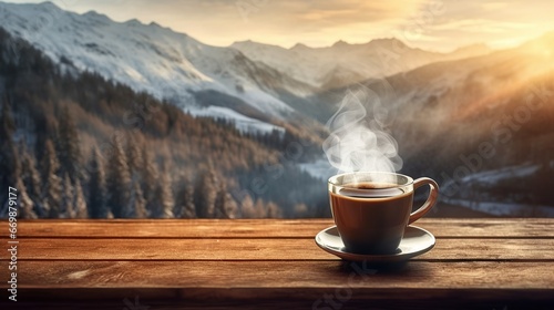 A cup of hot drink with a beautiful landscape outside the window. Cozy winter morning
